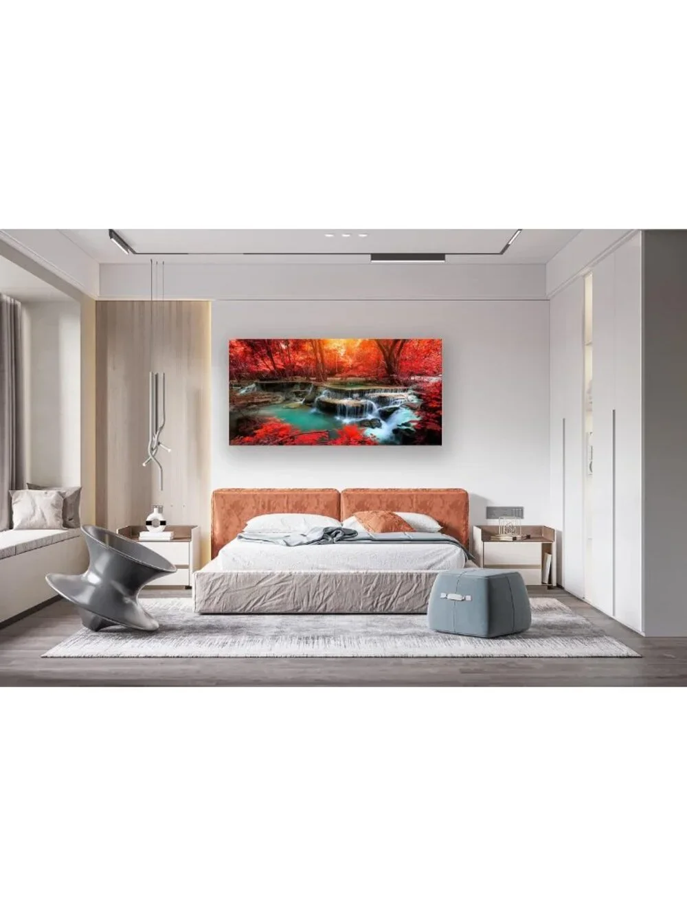 Stunning Red Forest Waterfall Canvas Art - Modern Landscape Wall Decor for Home